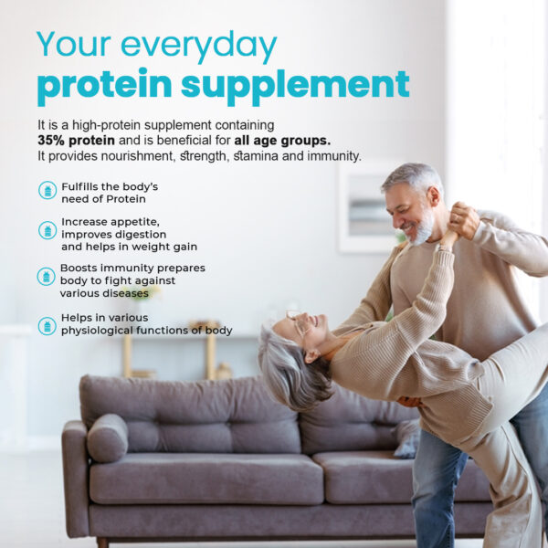 Your everyday protein supplement It is a high-protein supplement containing 35% protein and is beneficial for all age groups. It provides nourishment, strength, stamina and immunity.