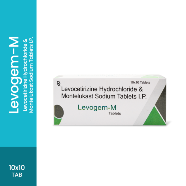 LEVOGEM-M Levocetirizine is an over-the-counter antihistamine used to relieve allergy symptoms such as watery eyes, runny nose, itching eyes/nose, sneezing, hives, and itching. Montelukast is a leukotriene antagonist. It works by blocking the action of chemical messenger (leukotriene). This reduces inflammation (swelling in the airways and nose and improves symptoms