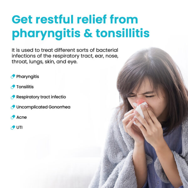 Pharyngitis, Tonsillitis, Respiratory tract infection, UTI, Uncomplicated Gonorrhoea, Acne Get restful relief from pharyngitis & tonsillitis! It is used to treat different sorts of bacterial infections of the respiratory tract, ear, nose, throat, lungs, skin, and eye.