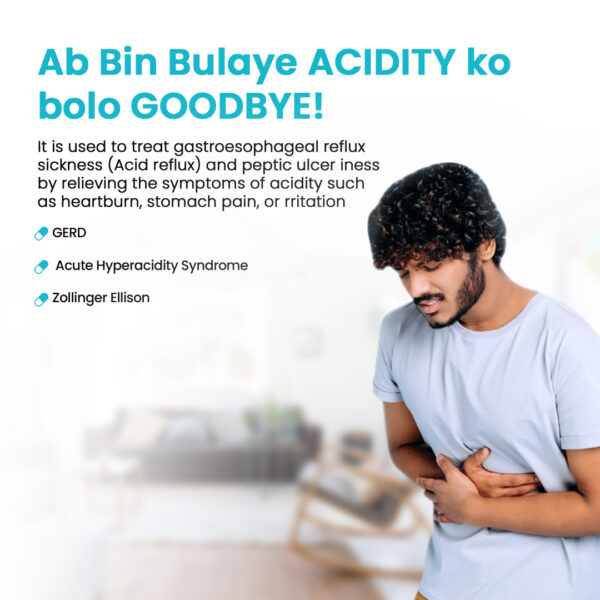 Best solution for any sort of acid reflux disease! It helps to cure heart burn, bloating, & belching. It treats acid reflux and is best suited for long management of reflux diseases. RX: GERD, Acute Hyperacidity Syndrome, Zollinger Ellison