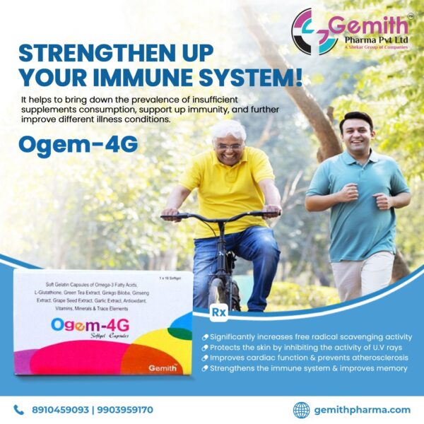 Ogem 4G A Revolutionary Approach In Vital Healthcare Supplements RX: Signicantly increases free radical scavenging activity Protects the skin by inhibiting the activity of U.V Rays Improves Cardiac function & prevents arthrosclerosis Strengthens the immune system & improves memory