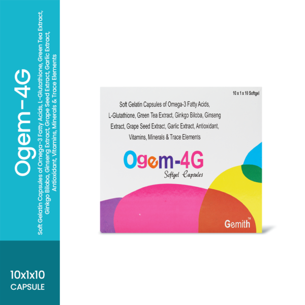 Ogem 4G A Revolutionary Approach In Vital Healthcare Supplements RX: Signicantly increases free radical scavenging activity Protects the skin by inhibiting the activity of U.V Rays Improves Cardiac function & prevents arthrosclerosis Strengthens the immune system & improves memory