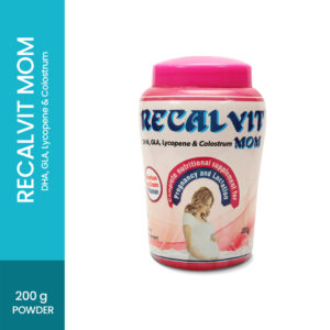 Recalvit Mom Whey Protein, Skimmed Milk, Malto Dextran, Sucrose, Class-II Preservative Complete nutritional supplement for pregnancy and lactation, Balanced protein supplement & proprietary food supplement Rx: 1.Recalvit Mom supplement the additional requirements of protein,calcium, fibre, micronutrients & haemopoietic factors during pregnancy and lactation 2.Recalvit mom is an idoal nutritional supplement for age groups