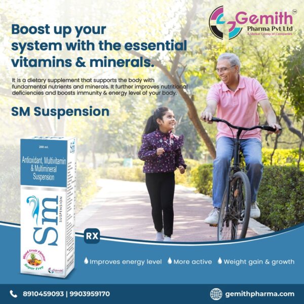 SM Suspension Boost up your system with the essential vitamins & minerals. It is a dietary supplement that supports the body with fundamental nutrients and minerals. It further improves nutritional deficiencies and boosts immunity & energy level of your body. RX: Improves energy level, More active, Weight gain & growth