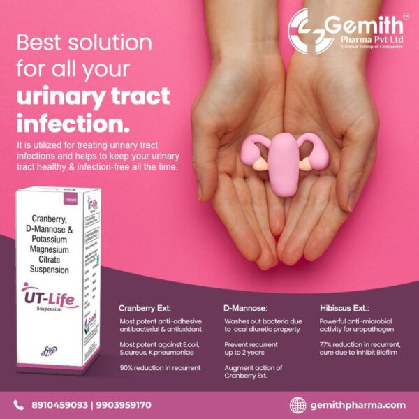 Best solution for all your urinary tract infection. It is utilized for treating urinary tract infections and helps to keep your urinary tract healthy & infection-free all the time. Cranberry Ext: -Most potent anti-adhesive antibacterial & antioxidant -Most potent against E.coli, S.aureus, K.pneumoniae -90% reduction in recurrent D-Mannose: -Washes out bacteria due to ocal diuretic property -Prevent recurrent up to 2 years -Augment action of Cranberry Ext. Hibiscus Ext.: -Powerful anti-microbial activity for uropathogen -77% reduction in recurrent, cure due to inhibit Biofilm Rx: UTI & Recurrent UTI'S