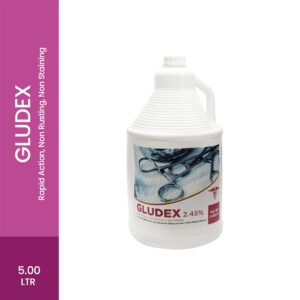 GLUTARALDEHYDE STERILIZING SOLUTION GLUDEX GLUTARALDEHYDE=2.45%/2% Disinfection & Sterillisation of instruments before & after surgery is of utmost important. If not sterillized properly it may lead to life threating infections. We offer you the most effective. safe & assured uqality product, GLUDEX (Glutaraldehyde 2.45% w/v with liquid activator) GLUDEX is highly effective against gm+ve, gm-ve bacteria, tubercule bacillus, fungi, viruses, including HIV & spores. GLUDEX in indicated for Hygeinic Disinfection of Medical Surgical Equipments like endoscopes, bronchoscopes, artheroscopes, laparoscopes & anaesthetic instruments made of rubber, plastic, metal, glass & procelain. ACTIVATION PROCESS (1) Pour the GLUDEX solution into the tray depending on the need. Add the content of attached activator vial. (2) As needed FOR STERILIZATION: Keep are pre cleaned instruments in activated GLUDEX solution for at least 10 hours FOR DISINFECTION: For 1 Ltrs. GLUDEX solution, add 15 ml activator vial. For 5 Ltrs. GLUDEX solution, add 15 ml activator vial. (5) GLUDEX solution can be reuse for a maximum 14 days after activation. (3) Colour of solution changes to green when activated (4) Put Activation and Expiry date on the tray Immerse pre cleaned instruments in activated GLUDEX solution for minimum 30 minutes to 2 hours PRESENTATION: GLUDEX - 1 Ltrs. & 5 Itrs. GLUDEX, Disinfection & Sterillisation of Instruments