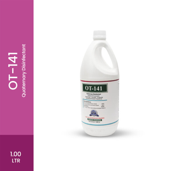 ALDEHYDE FREE OT-141 Bactericidal, Virucidal, Fungicidal, Tuberculocidal Active Ingredient: 3rd Generation- Quaternary Ammonium Compound Contents of 1-litre concentrate Alkyl Dimethyl Benzyl Ammonium Chloride - 2.37% Alkyl Dimethyl Ethylbenzyl Ammonium Chloride - 2.37% Inert Ingredients - 95.26% (Above Quaternary Ammonium Compound is being approved by US EPA) Efficasy: OT-141 is effective against 141 micro-organisms which are generally concerned for Hospital Infection Control Committee like HBV, HIV, HCV, Polio, H1N1, H5N1 and many more. Areas of Application : ➤ Surface ➤ Environment ➤ Walls ➤ Discarding Jars ➤ Instrument Sterilization ➤ Terminal disinfection of Infectious waste Effective in Critical Areas: All high-risk areas ► Operation Theaters ► ICU/NICU/CCU ➤ Dental clinics ➤ Blood Banks ➤ Laboratories Dilution Ratio of OT 141: Critical Area: 1:64(15 ml in 1 litre of water) Non Critical Areas: 1:128(7.5ml in 1 litre of water) Surface Cleaning: Critical Area: Add 15 ml of OT-141 concentrate with 1000ml of tap water Mopping, Wiping floors, Walls, Furniture's Operation Tables, O.T. Lamps etc. Non Critical Area: Add 7.5 ml of OT-141 concentrate with 1000ml of tap water for Mopping, Waiting halls, Corridors, Reception Area, Wards etc. Fogging: Add 15 ml of OT-141 concentrate with 1 litre of tap water for every 1000cu. ft in High Risk Areas like O.T, ICU, NICU, Cath Lab, AKD etc.